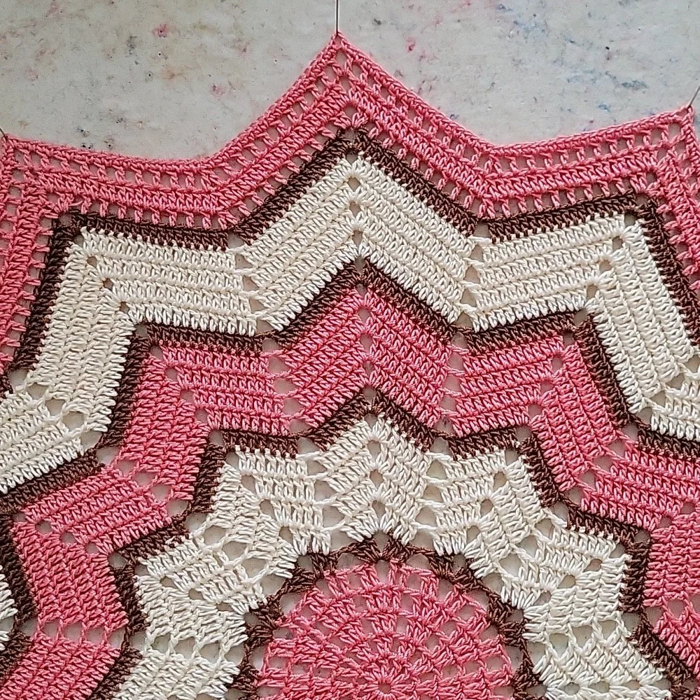 NEW ANd FRESHLY PINNED/ 17in Pink and Cream Crochet Doily With A Hint Of Brown